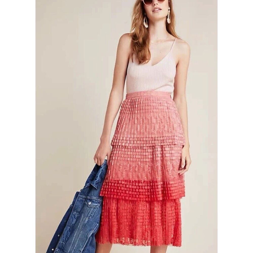 Anthropologie Maeve Brighton Tiered Midi Skirt Size 6 Women Ombre Lace New Boho